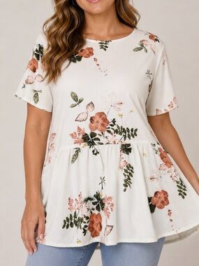 Emberly White Floral Peplum Top with Rust & Green Blooms babydoll SZ SM l